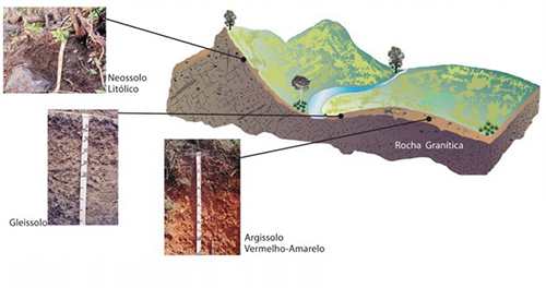 Figura 2. Influência do relevo como fator predominante na formação do solo a partir de um mesmo material de origem (Fonte: Lepsch, 2000).